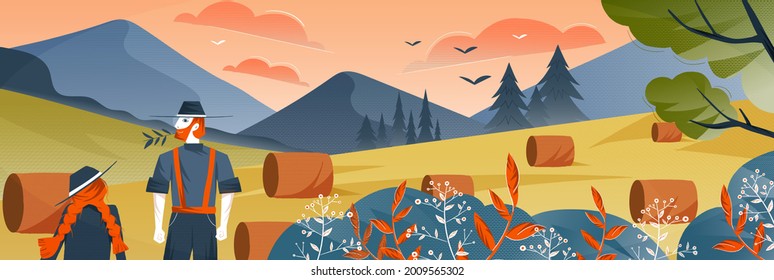 Paisaje rural y rural con Haystack en campo y Hombre con Niñita Panorámica Vector Ilustración. Escena de la aldea con el concepto de agricultor