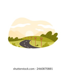 Rural countryside landscape, highway road with telegraph poles and power lines vector illustration