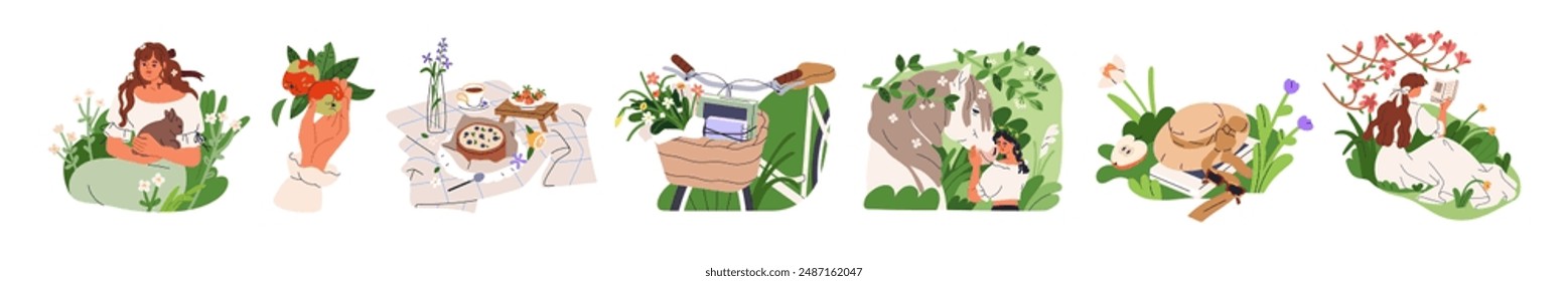 Rural countryside life, cottagecore aesthetic set. Woman enjoying nature, reading, summer picnic, bicycle basket, farm horse, bunny and hat. Flat vector illustrations set isolated on white background