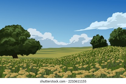 Rural countryside scenery with meadow, flowers and trees. Vector nature landscape