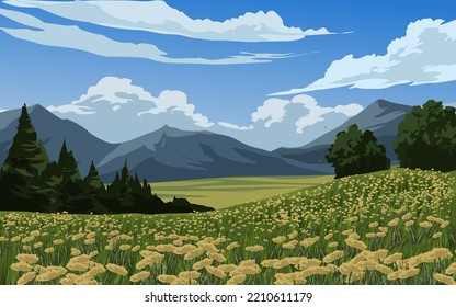 Rural countryside scenery with meadow, flowers and mountain. Vector nature landscape