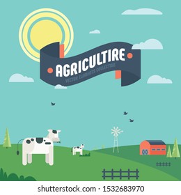 Rural countryside with a trees , sheep and goats. Vector illustration in simple minimal geometric flat style