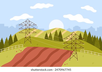 Rural cute landscape with plowed field on hill, power poles vector illustration