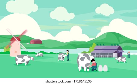 Rural dairy farm That is perfect in the green field, vector illustration and flat coloring design.