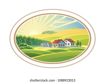 Rural dawn landscape with the villages houses in the frame, a graphic design element for the create of the label or trademark.