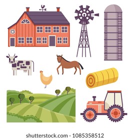 Rural design elements set. Livestock animals - cow, horse and chicken on green countryside landscape field, hay stack and ranch building house, agriculture facilities such as windmill adn water tower