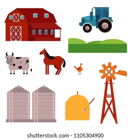 Rural design elements set. Livestock animals - cow, horse and chicken on green countryside landscape field, hay stack and ranch building house, agriculture facilities such as windmill adn water tower