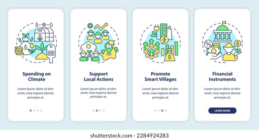 Rural development program onboarding mobile app screen. Walkthrough 4 steps editable graphic instructions with linear concepts. UI, UX, GUI template. Myriad Pro-Bold, Regular fonts used