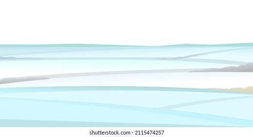 Rural distant horizon. Winter rural landscape with cold white snow and drifts. Beautiful frosty view of countryside hilly plain. Flat design cartoon style. Isolated on white background. Vector.