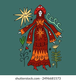 Ländliche Doodle mittelalterliche lokale Mädchen in Folklore-Kostüm. Folk Cartoon märchenhaft lustig groovy whimsical flat art. Mittsommer oder Litha Urlaub. Handgezeichnete böhmische Komposition. Boho Frau Energie mystisch