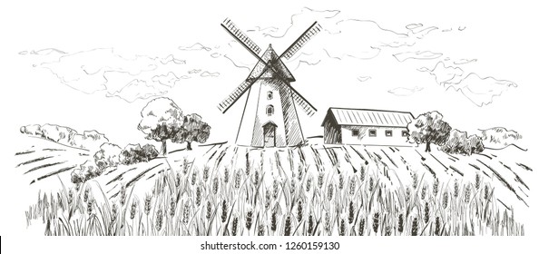 Rural dutch landscape with windmill and wheat field. Set of traditional windmill. Bakery shop, organic agricultural production, ecological food. Vector hand drawn vintage engraved sketch.