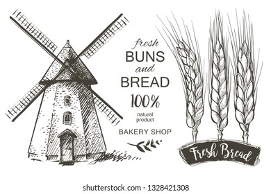 Rural dutch landscape with windmill and wheat field. Set of traditional windmill. Bakery shop, organic agricultural production, ecological food. Vector hand drawn vintage engraved sketch.