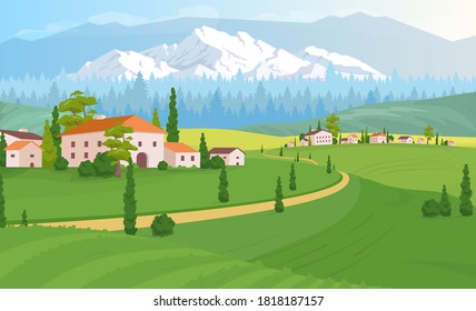 Rural dwelling scenery flat color vector illustration. Tuscany land near forest. Buildings near woods. Rocky mountains line beside houses. 2D cartoon landscape with nature on background