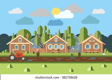 Rural East European village scene with old Slavic log houses in front of gravel road in the heart of the country flat style vector illustration. Ancient huts historic architectural symbols among woods