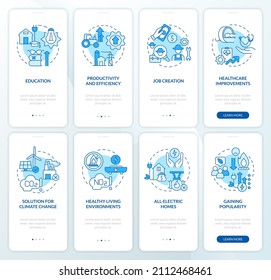 Rural electrification blue onboarding mobile app screen set. Green energy walkthrough 4 steps graphic instructions pages with linear concepts. UI, UX, GUI template. Myriad Pro-Bold, Regular fonts used