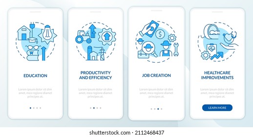 Rural electrification economic benefit blue onboarding mobile app screen. Walkthrough 4 steps graphic instructions pages with linear concepts. UI, UX, GUI template. Myriad Pro-Bold, Regular fonts used