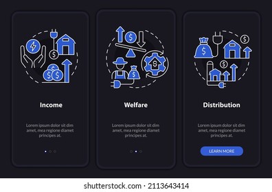 Rural electrification impact night modeonboarding mobile app screen. Walkthrough 3 steps graphic instructions pages with linear concepts. UI, UX, GUI template. Myriad Pro-Bold, Regular fonts used