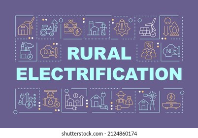 Rural electrification word concepts purple banner. Remote areas. Infographics with linear icons on background. Isolated typography. Vector color illustration with text. Arial-Black font used