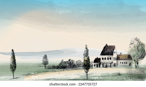 Rural european landscape sketch with watercolor artisitic spots. Minimal abstract background. Farmland scenery, Tuscan residence. 