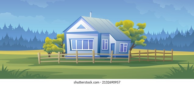 Rural european modern house landscape. Countryside farm on the field.