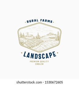 Rural Farm Abstract Vector Sign, Badge or Logo Template. Farm Landscape Sketch in a Frame with Retro Typography. Fields, Vineyard and Buildings Vintage Emblem. Isolated.