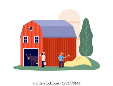 Rural farm. Animals shed, dairy products. Flat woman with bucket, man picking hay vector illustration
