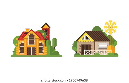Rural Farm Area with House and Building Rested on Green Lawn Vector Set
