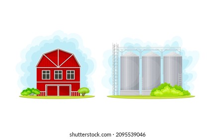 Rural Farm Buildings Set. Red Barn And Silo Tower Vector Illustration