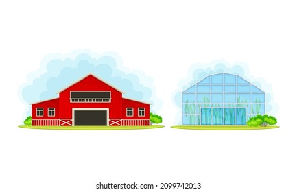 Rural farm buildings set. Red wooden barn and greenhouse vector illustration