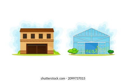 Rural farm buildings set. Wooden farmhouse and greenhouse vector illustration