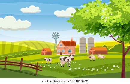 Rural farm countryside landscape with green fields hills and farm village buildings animals cows sheeps. Vector illustration isolated baner poster