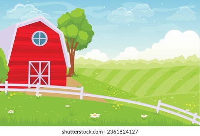 Rural farm field landscape background with barn and trees