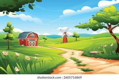 Rural farm field landscape with red barn, windmill, flowers, and curvy path under blue sky. Vector cartoon illustration