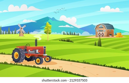 Paisaje rural de campo con el concepto de tractor y construcción de dibujos animados