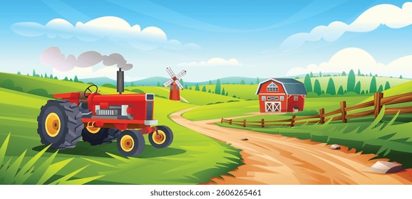 Rural farm field landscape. Tractor on grassy hill with barn and windmill behind. Vector cartoon illustration
