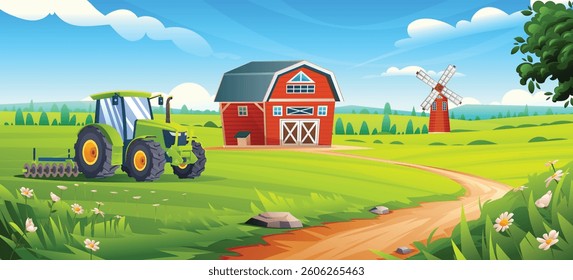 Rural farm field landscape. Tractor on farmland near a red barn and windmill under blue skies. Vector cartoon illustration