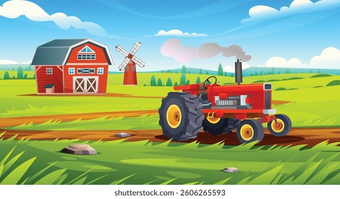 Rural farm field landscape. Tractor on dirt path with barn and windmill in lush farmland under blue sky. Vector cartoon illustration