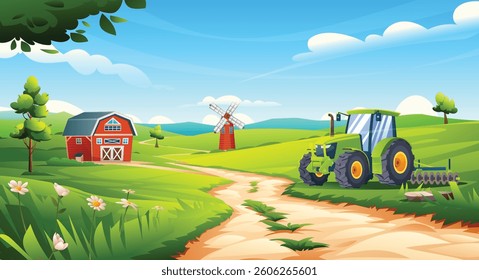 Rural farm field landscape. Tractor near barn and windmill in scenic green farmland. Vector cartoon illustration