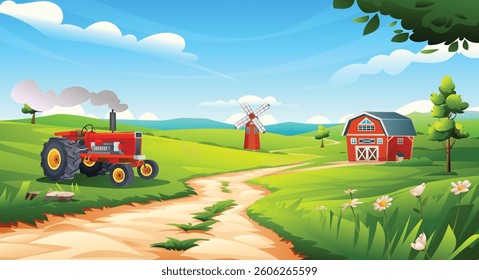Rural farm field landscape. Vintage tractor on grassy farmland with barn, windmill, and flowers under blue sky. Vector cartoon illustration