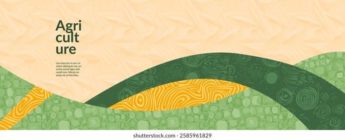 Rural farm with field of wheat barley rice maize and rye a top view vector illustration. Organic texture of crops. Abstract farmland design, village backdrop, summer yield of cereal grain, malt, paddy