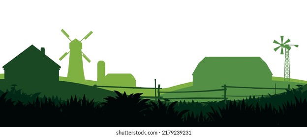 Rural farm. With fields, pastures and buildings. Picture silhouette. Breeding domestic farm animals and plants. Isolated on white background. Vector