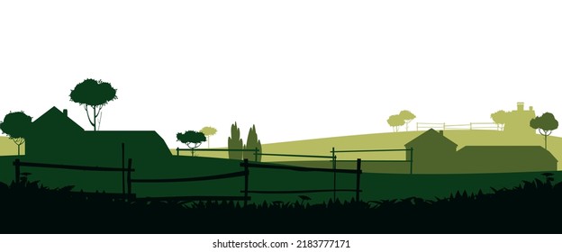 Rural farm. With fields, pastures and buildings. Picture silhouette. Breeding domestic farm animals and plants. Isolated on white background. Vector.