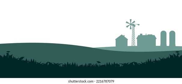 Rural farm. With fields, pastures and buildings. Picture silhouette. Breeding domestic farm animals and plants. Isolated on white background. Vector.
