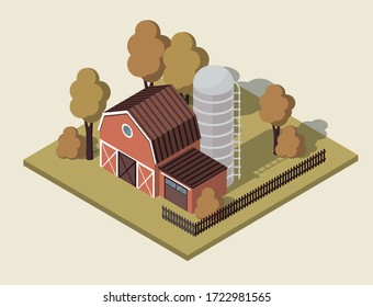 Rural farm house 3d isometric. Farmland Countryside Landscape. Vector Illustration