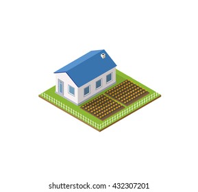Rural farm in isometric view with trees and garden