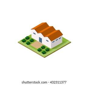 Rural farm in isometric view with trees and garden