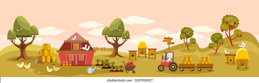 Rural farm landscape. Agriculture banner. Farmer products old barn and field farm landscapes cartoon vector  