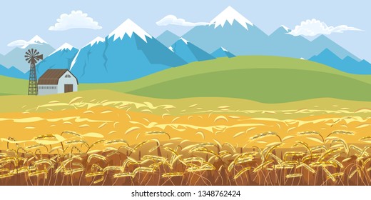 Rural farm landscape, dawn above hills with wheat field and snowy peak mountains background. Vector illustration.