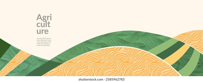 Rural farm landscape with golden wheat vibrant vector illustration, barley, rye fields, yellow horizon. Graphic design, organic textures, summer harvest, cereal grains, ecological farmland panorama