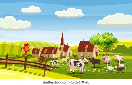 Rural farm landscape with green fields hills and farm village buildings animals cows sheeps ram goose duck cock bull turkey. Vector illustration isolated baner poster